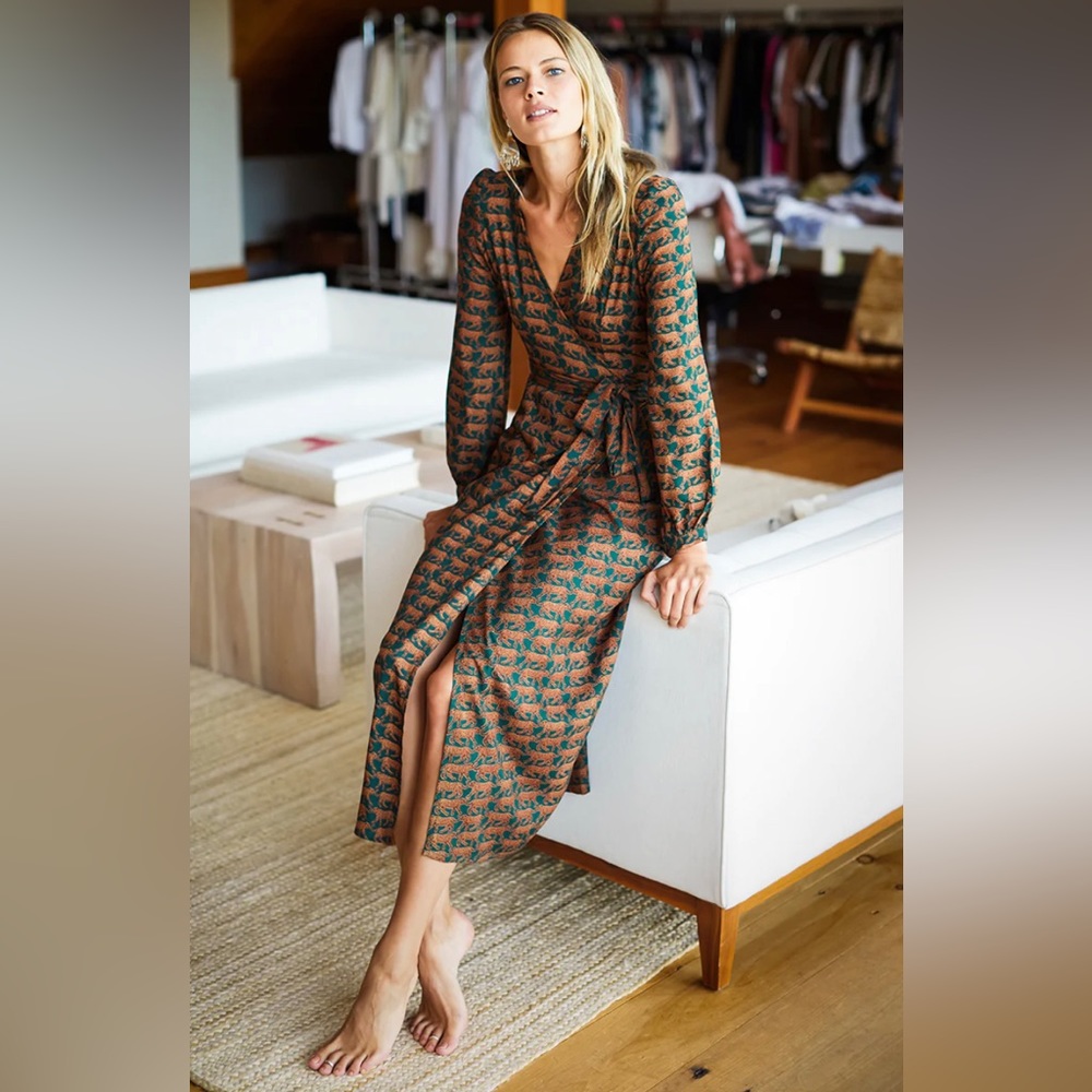 Emerson Fry BISHOP SLEEVE DRESS - DARK GREEN CHEETAH